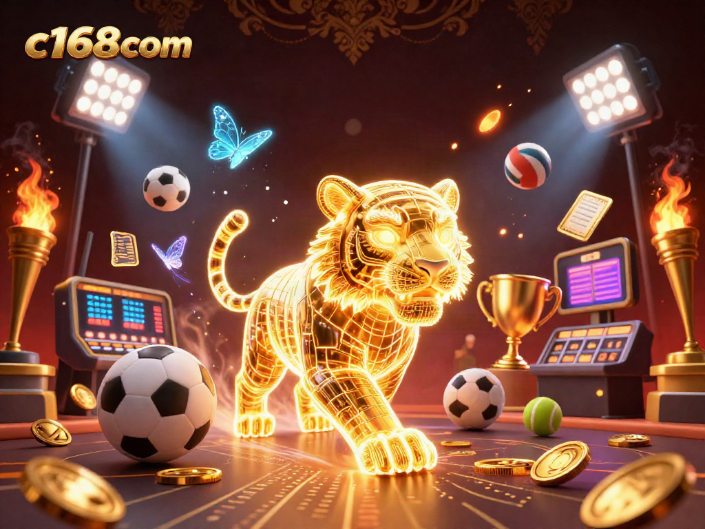 Experience the thrilling ambiance of c168com, featuring a dynamic casino scene with glowing golden elements.