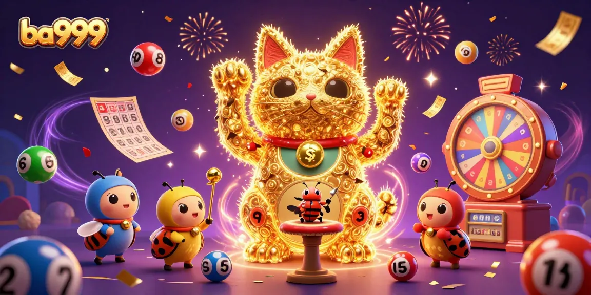 Enjoy magical gaming with ba999's vibrant lottery experience featuring golden lucky cat illustrations and colorful lottery elements.