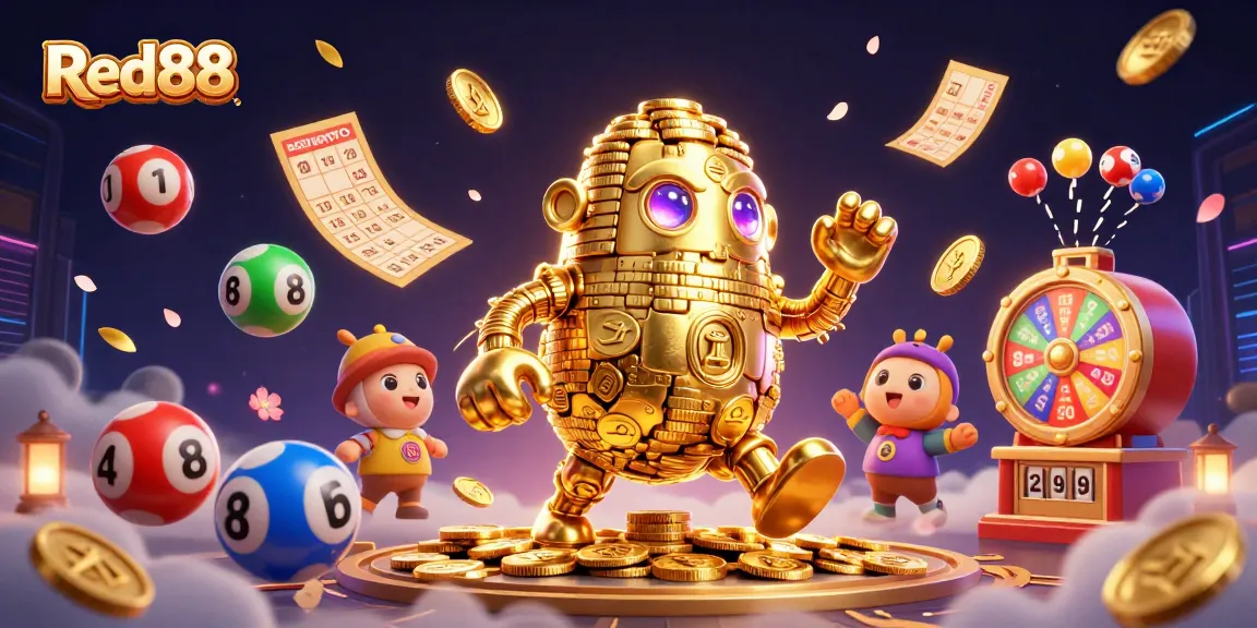 Experience the excitement of Red88 with a vibrant 3D scene filled with golden elements and lottery excitement.