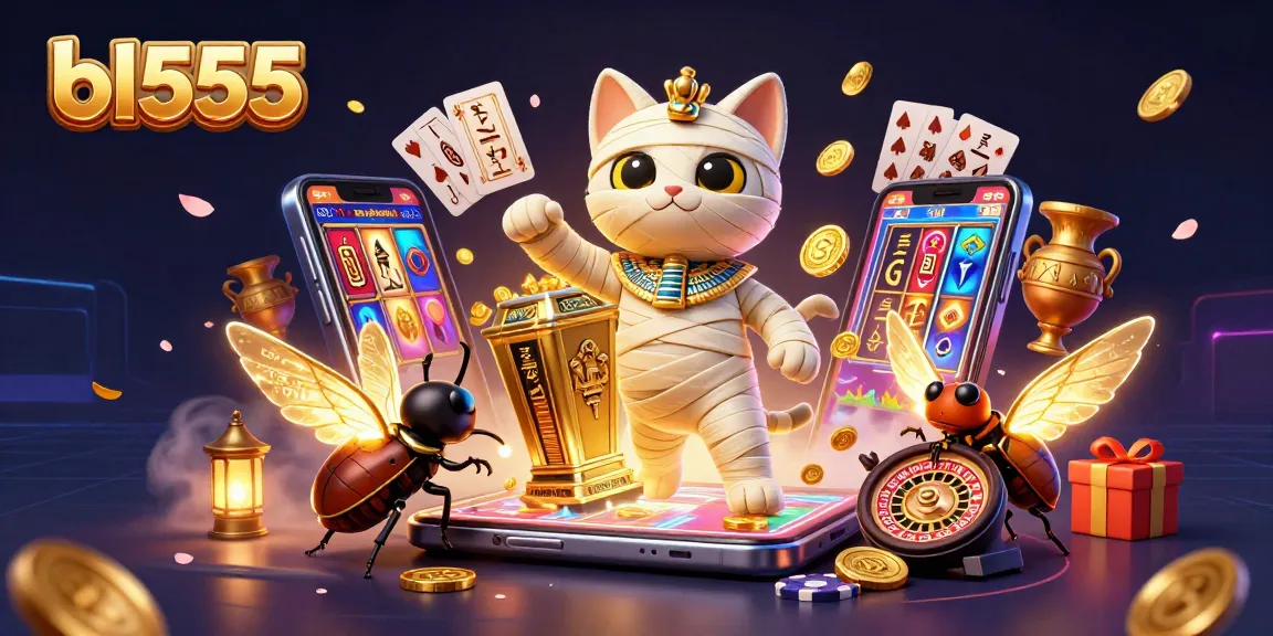 Experience bl555's vibrant gaming atmosphere with an Egyptian mummy cat and exciting slot games filling the scene.
