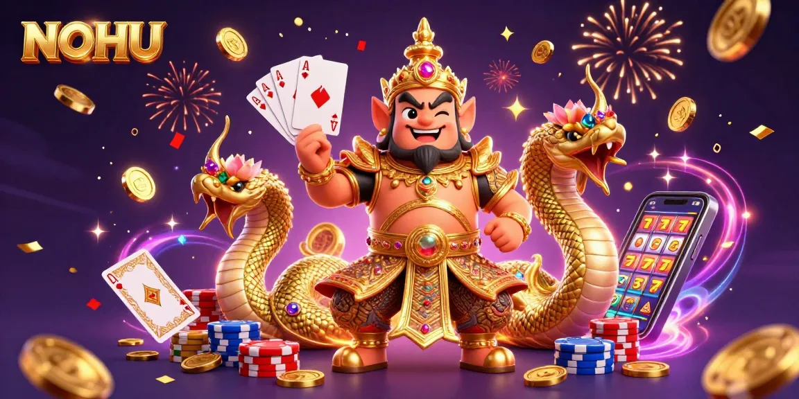 Experience the vibrant NOHU gaming scene with dynamic casino elements like poker chips and royal flush cards.