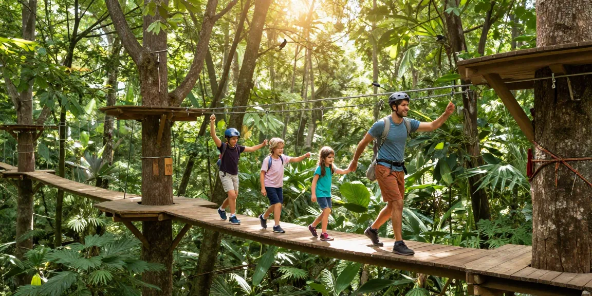 Treetop Walkway experience with a family enjoying nature, surrounded by lush greenery.