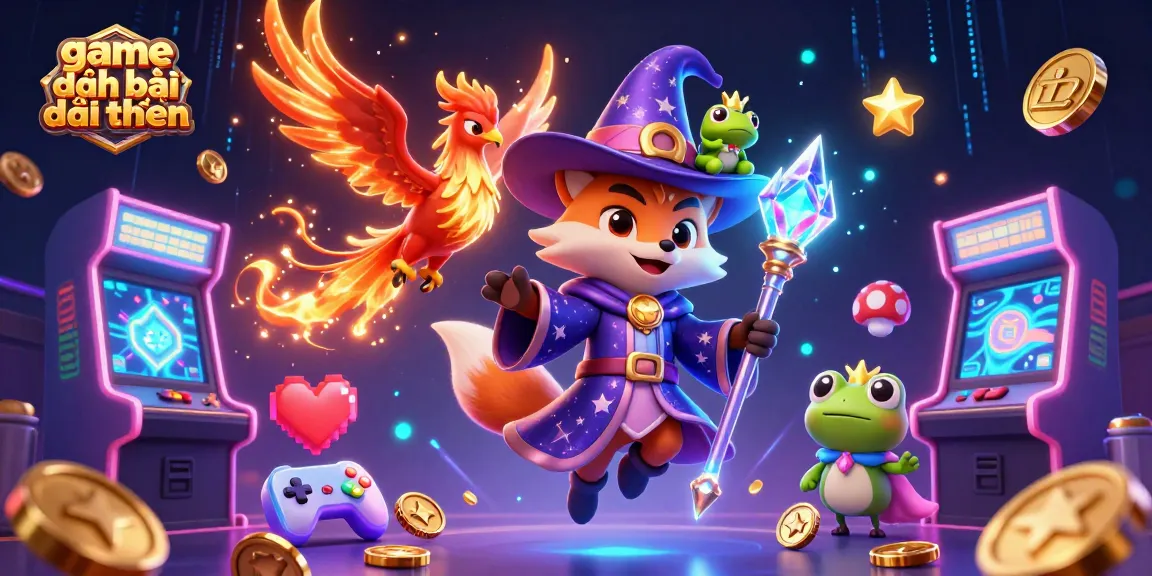 Experience game đánh bài đổi thưởng with magical wizard fox and flaming phoenix in a vibrant casino scene.