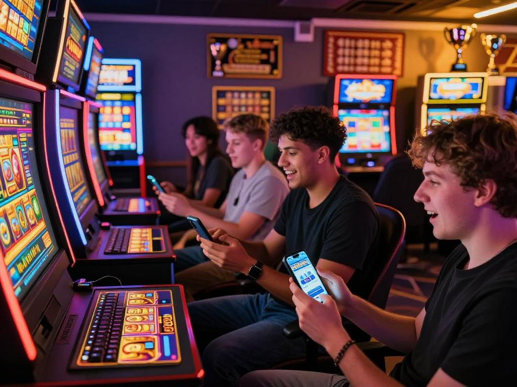 Players enjoying gacor slot games on mobile devices in a vibrant gaming lounge.