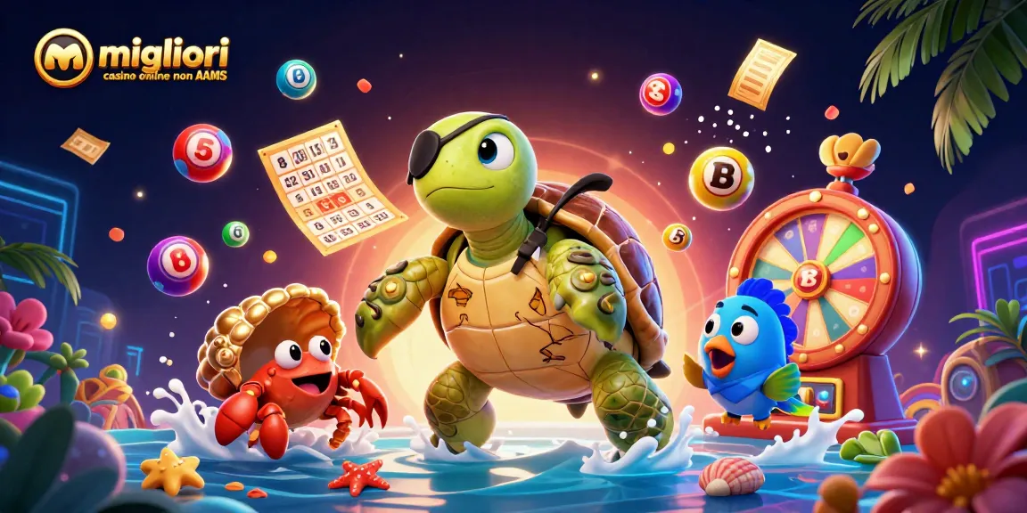 Scopri i migliori casino online non AAMS con questa vivace illustrazione 3D di una tartaruga pirata e tesori.