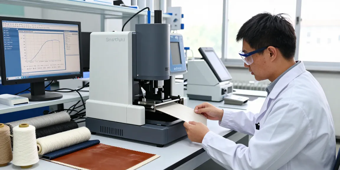 Technician using ASTM D5034 testing equipment in textile lab, analyzing fabric samples with SmartPull tensile strength tester.