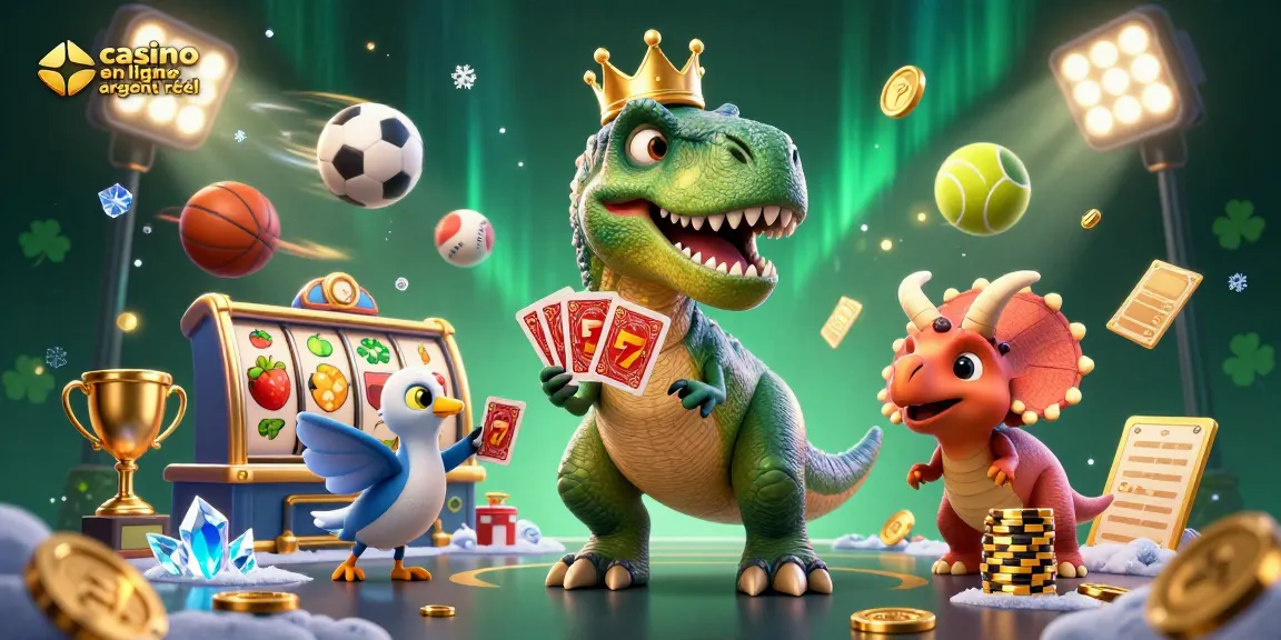 Illustration ludique représentant casino en ligne argent réel, avec un T-Rex jouant aux cartes entouré d'éléments de jeu.