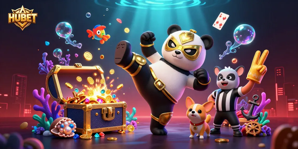Experience HUBET's thrill with vibrant casino action from a panda and friends in an energetic digital scene.