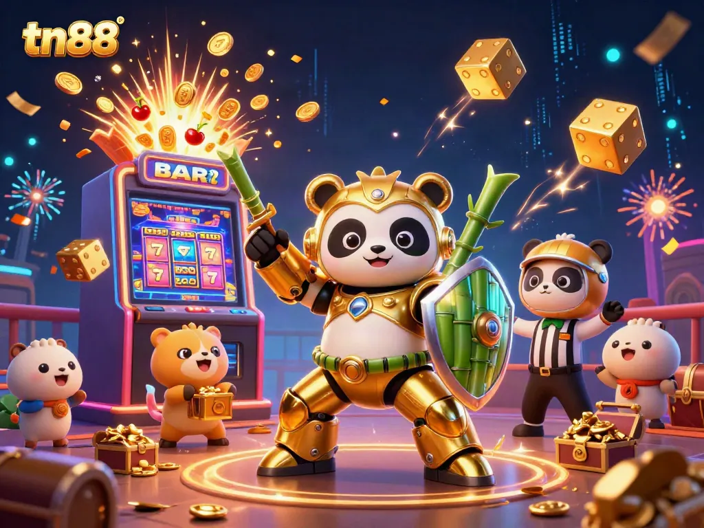 Engage with tn88 featuring a dynamic 3D cartoon casino scene showcasing a mech-suit panda amidst jackpots and vibrant game elements.
