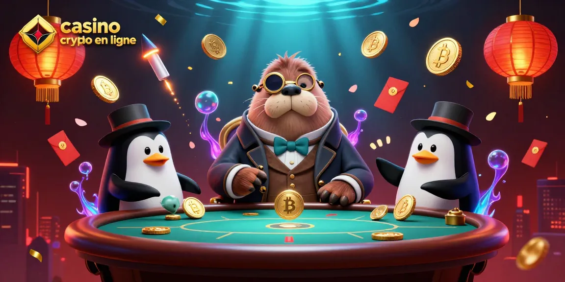 Illustrez le casino crypto en ligne avec un morse, un pingouin et un poisson-globe dans un décor vivant.