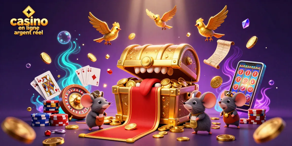 Jouez dans un casino en ligne argent réel avec cette illustration captivante montrant un coffre au trésor et des éléments de jeu.