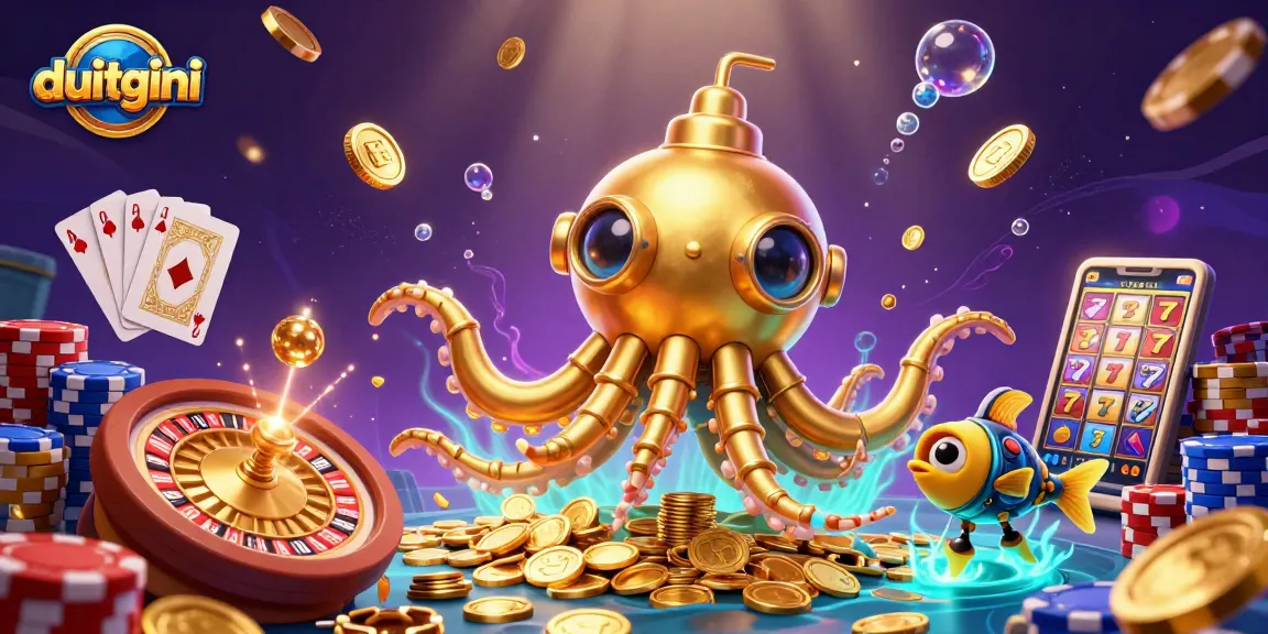 Duitgini showcases a vibrant underwater scene featuring a golden kraken submarine amidst a treasure of coins and casino elements.
