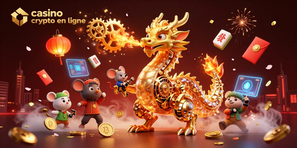 Plongez dans un casino crypto en ligne vibrant avec un dragon doré mécanique et des éléments festifs.