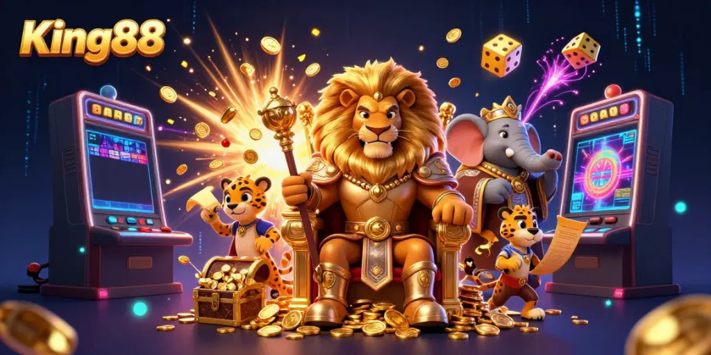 King88 casino scene featuring a lion king, elephant advisor, and cheetah messenger amidst slot machines and treasures.