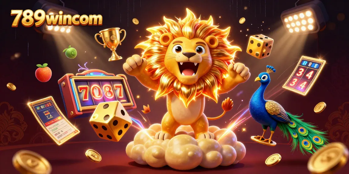 Engage with 789wincom in a vibrant casino scene featuring a majestic lion, golden dice, and dynamic game elements.