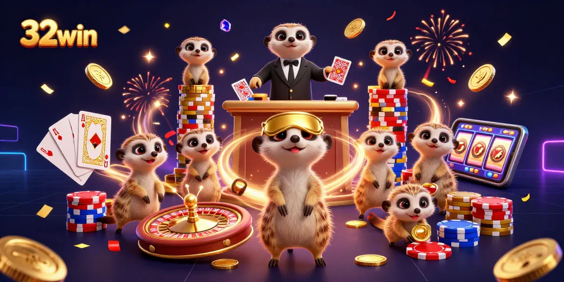 Experience the excitement of 32win casino with meerkats celebrating in a vibrant gaming scene filled with action.