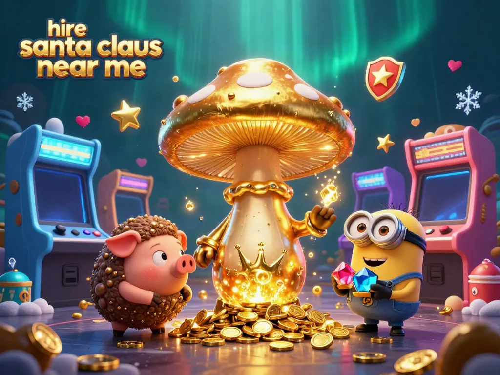 Hire Santa Claus near me with magical casino elements in an enchanting 3D illustration.
