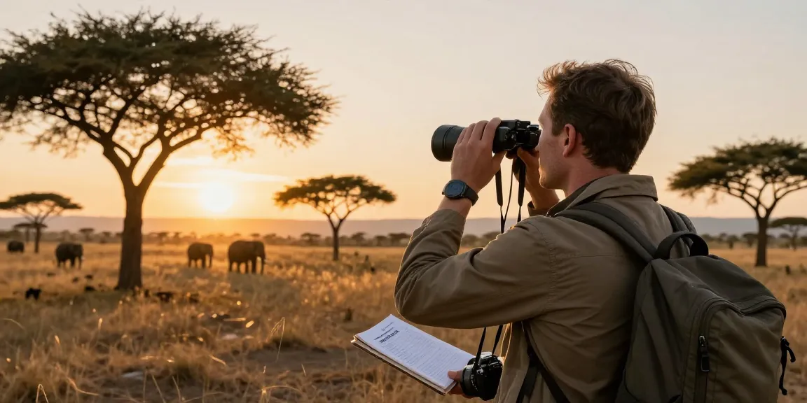 NAGA2000 traveler observing wildlife at Kidepo Valley National Park during sunset.