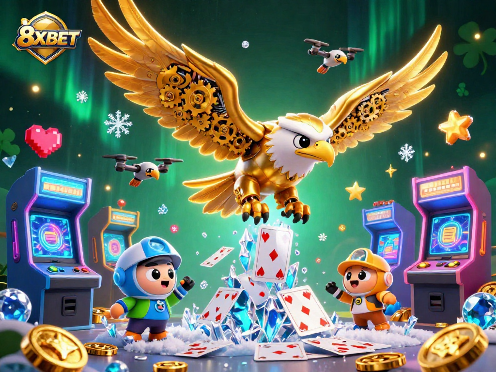Experience the excitement of 8XBET with a dynamic scene of animated gambling characters and gaming elements.