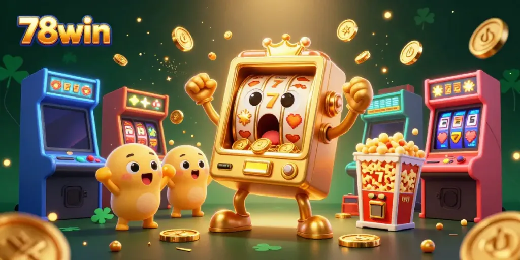 Experience the winning thrill at 78win with a vibrant, animated casino scene showcasing bright slot machines.