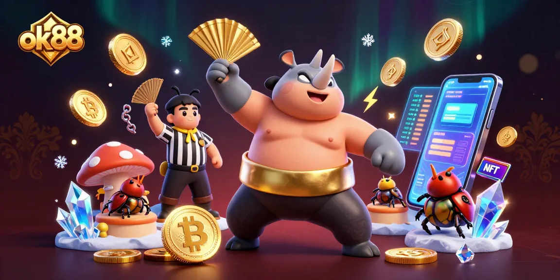 Engage with ok88 casino gaming through a vibrant illustration featuring a beetle sumo champion and cryptocurrency icons.