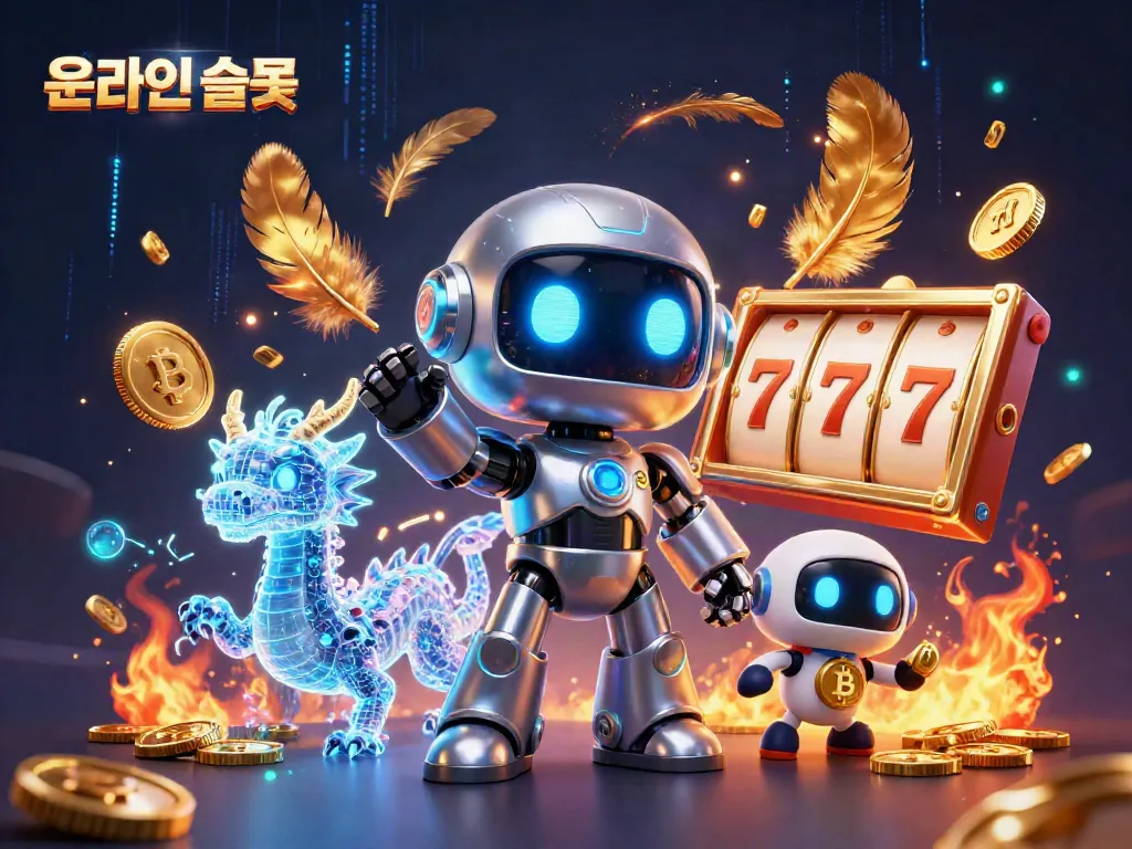 Engage with the exciting world of 온라인슬롯 featuring a cyberpunk robot and holographic dragon amidst slot machines and golden tokens.