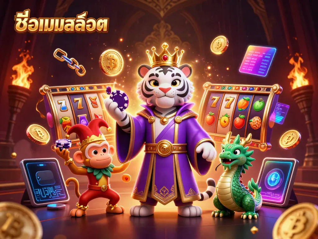 Engage in exciting gameplay with ชื่อเกมสล็อต featuring a majestic tiger and playful monkey in a vibrant casino scene.