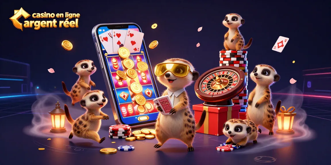 Image dynamique de suricates gérant un casino en ligne argent réel avec des éléments de jeux illustrés.