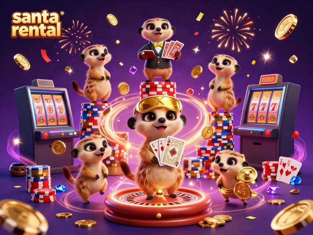 Capture the excitement of a santa rental in a vibrant casino scene with playful meerkats