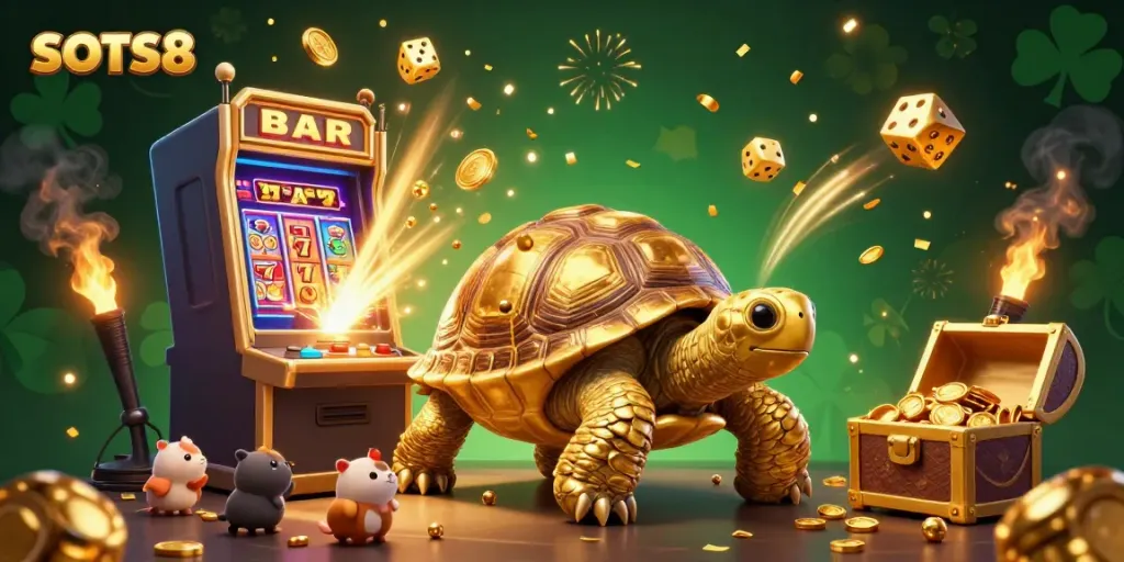 Experience the excitement of SLOTS8 with this vibrant 3D illustration of a jackpot scene.