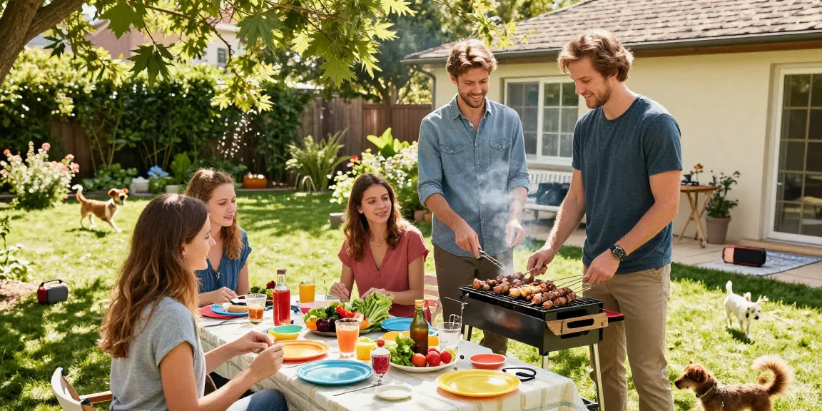 Friends enjoying a barbecue featuring rokok 88 in a sunny backyard gathering.