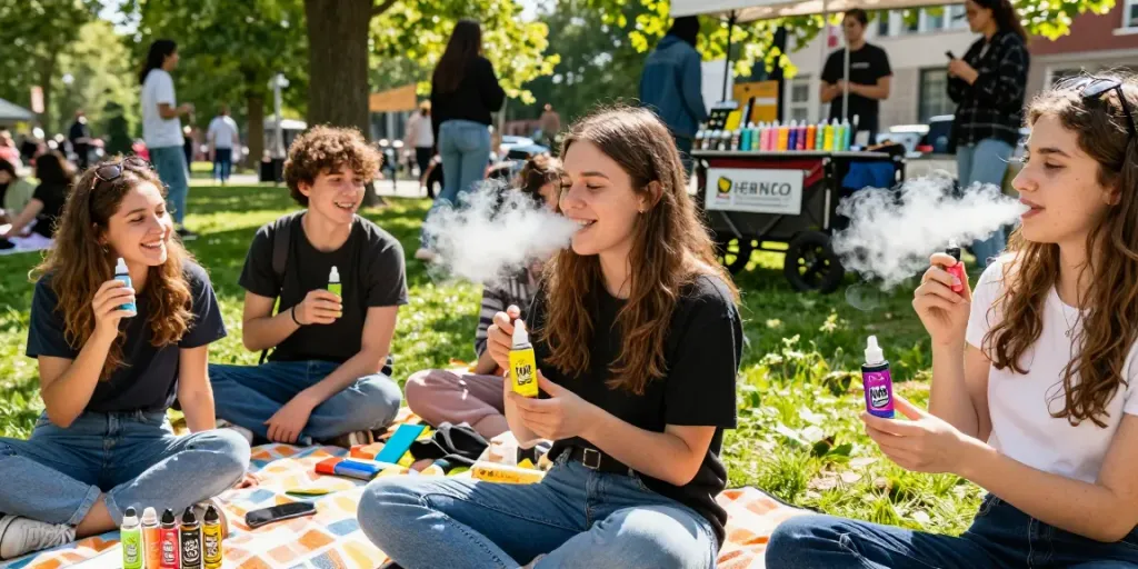 Group enjoying lemon twist e liquid in sunny park, holding vape bottles and exhaling vapor.