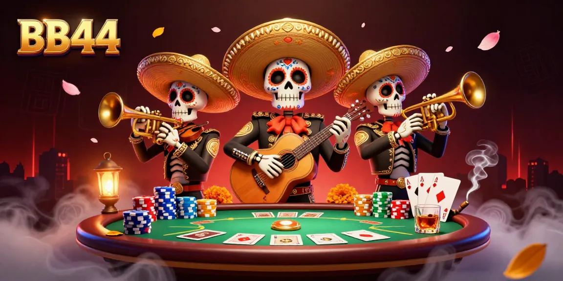 Engage in thrilling poker action at BB44 with vibrant mariachi band backdrop.