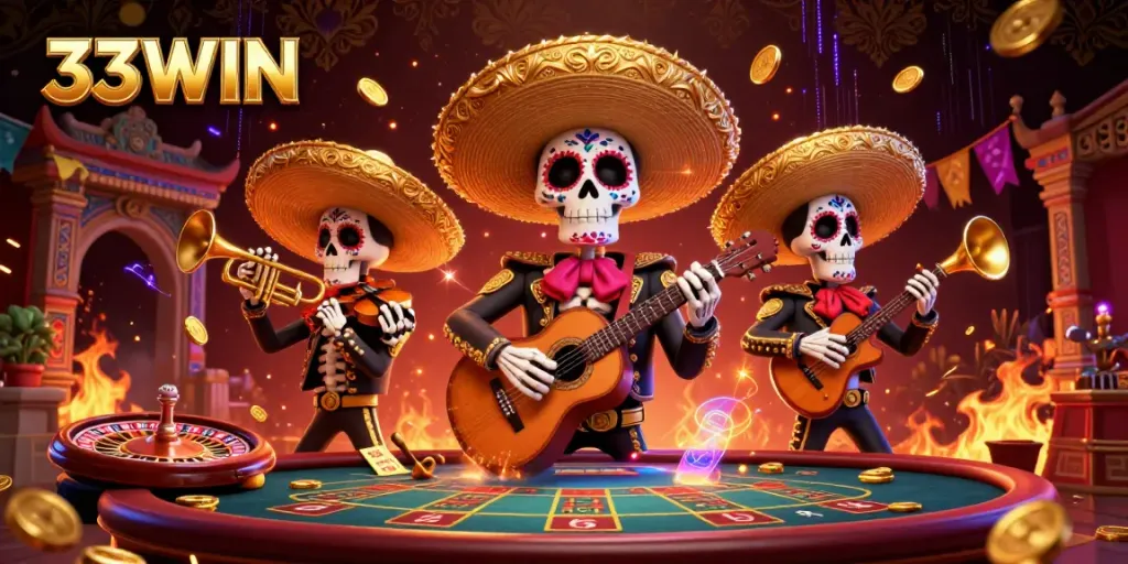 Experience the thrill of 33WIN with this vibrant live casino mariachi scene featuring colorful skeletons, gold coins, and neon effects.