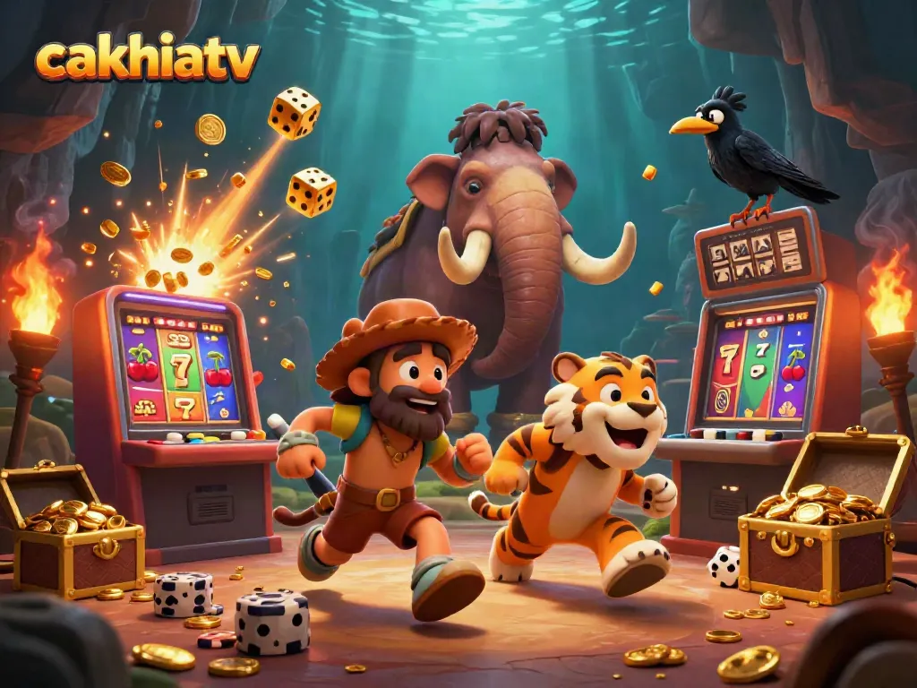 Cakhiatv showcases a vibrant 3D casino scene with characters and epic gaming elements bursting with excitement.