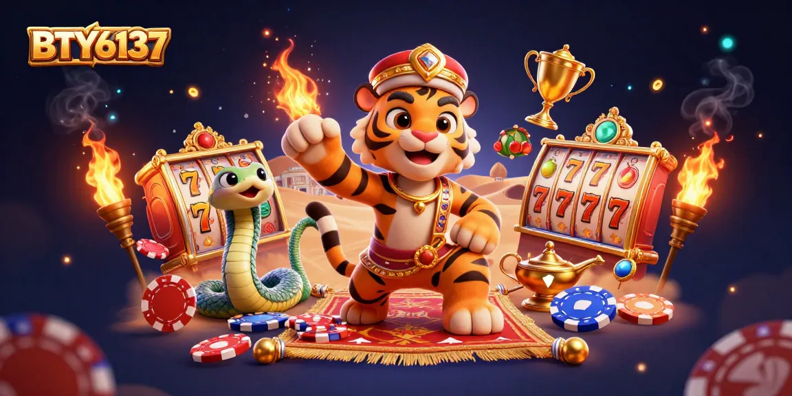 Experience BTY6137 with a vibrant 3D slot gaming scene featuring a tiger sultan on a poker chip carpet.
