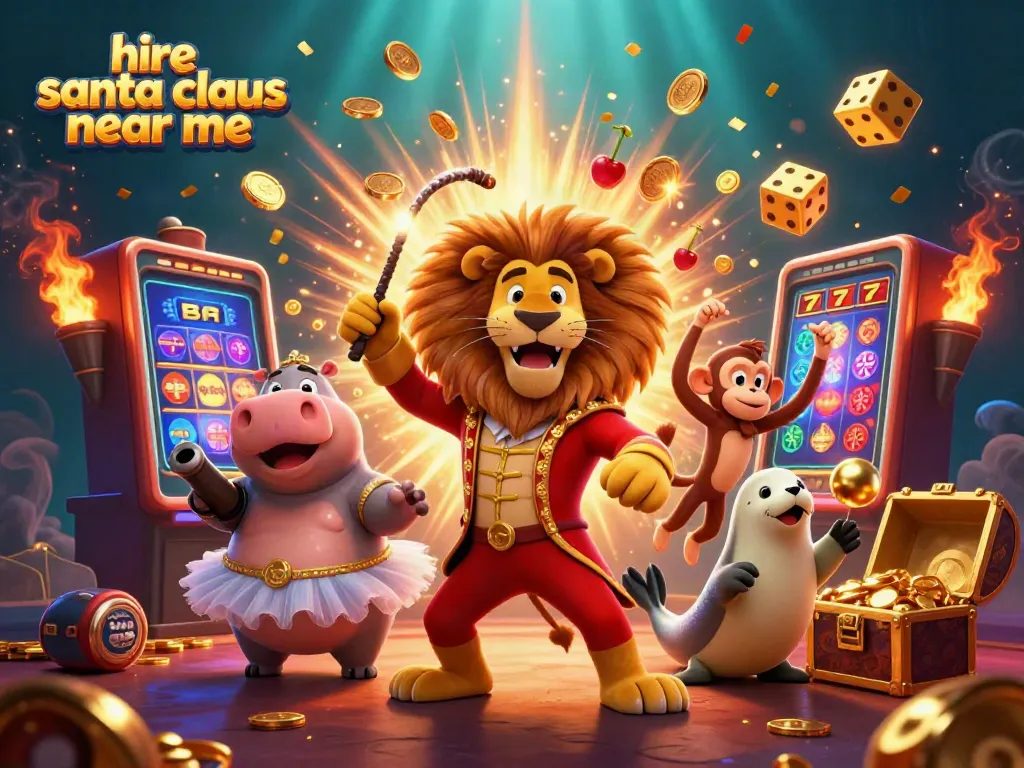 Experience festive joy as you hire Santa Claus near me for memorable holiday moments around a bustling casino scene.