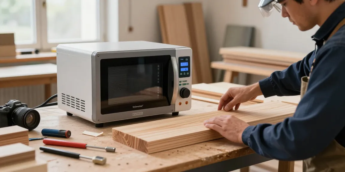 Shashel microwave device being operated for effective woodworm elimination in modern workshop.