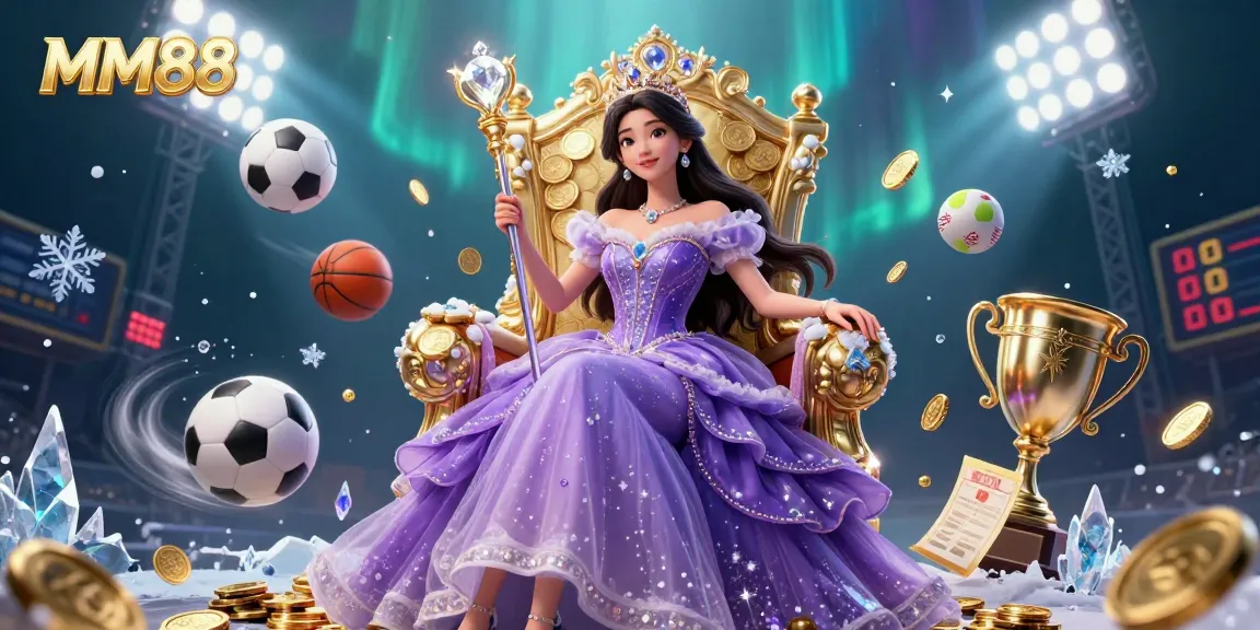 Engage in the thrilling world of MM88 casino with a regal princess amidst dynamic sports betting elements.
