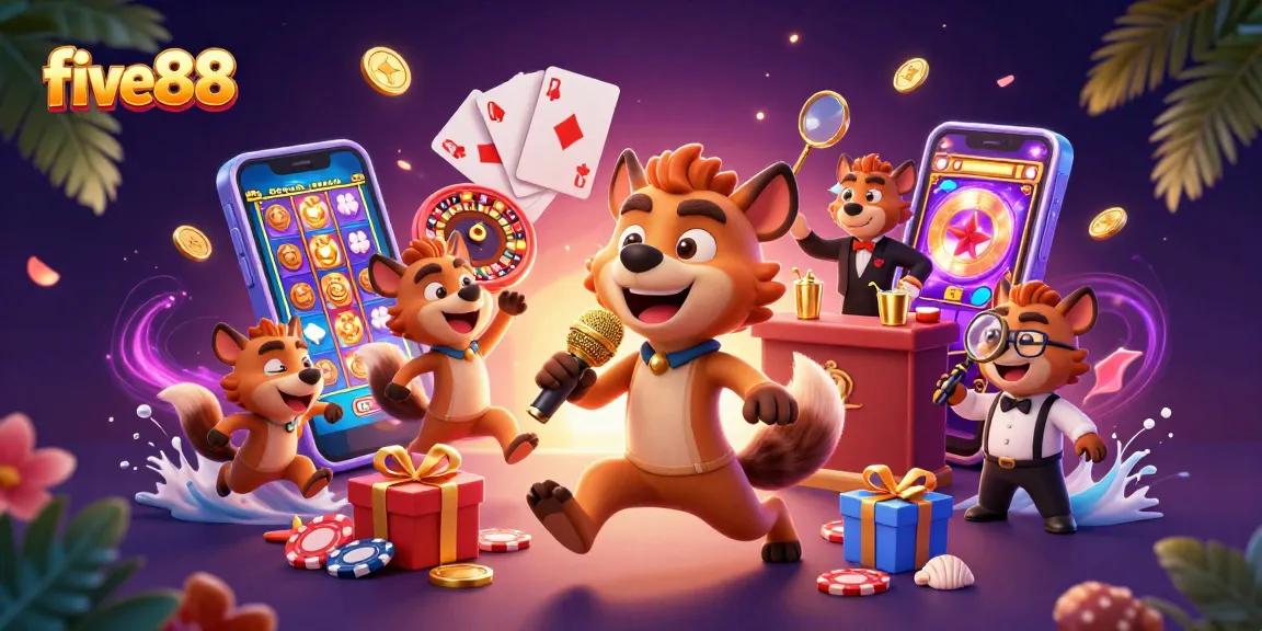 Enjoy the vibrant five88 casino experience with hyenas as entertainers amidst colorful gaming elements.