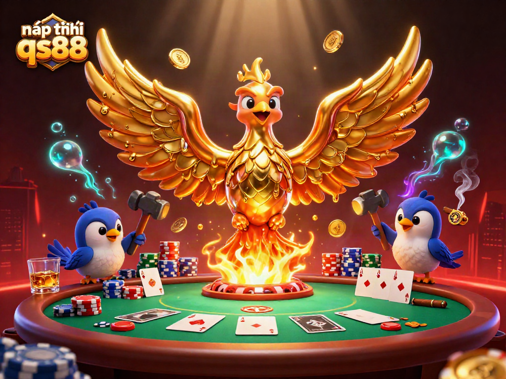 Nạp tiền qs88: Experience thrilling poker action with a golden phoenix emerging from a forge, surrounded by dynamic casino elements.