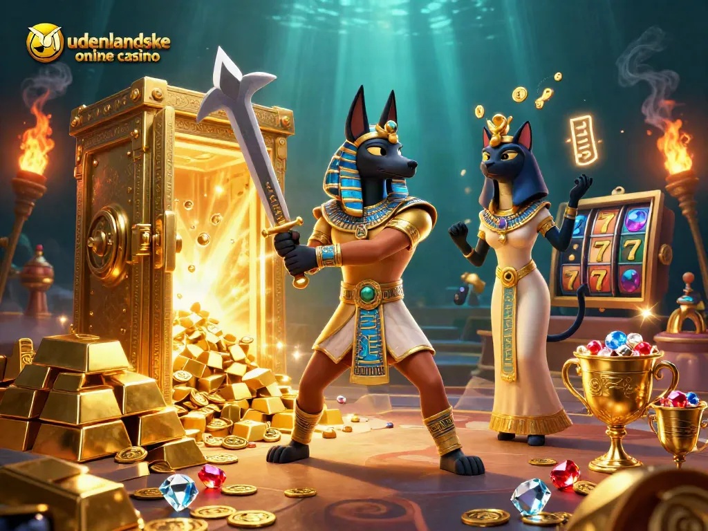 Engage in the excitement of udenlandske online casino with Anubis and Bastet amidst treasures and slot machines.