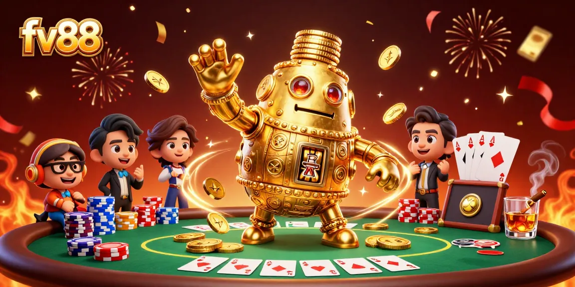 Experience the excitement of fv88 with a golden golem, poker chips, and celebratory confetti.