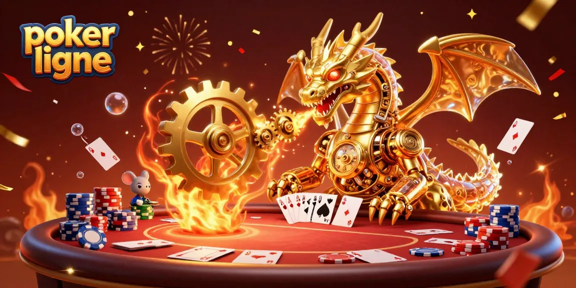Jouez au poker en ligne avec un dragon mécanique doré et une ambiance festive remplie de jetons et cartes.