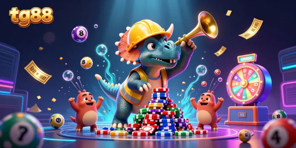 Experience thrilling moments with tg88 as triceratops builds poker chip pyramid in a vibrant casino scene.