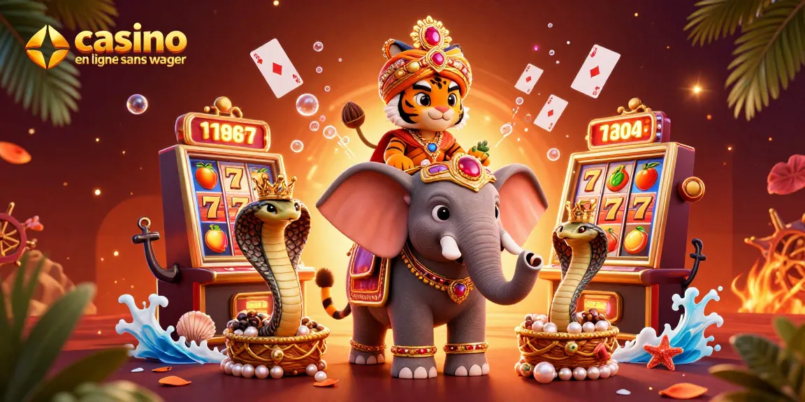 Visualisation d'une scène de casino en ligne sans wager avec un tigre en maharaja sur un éléphant et des machines à sous.
