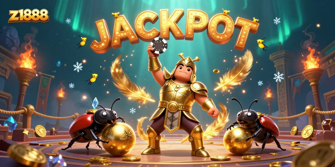 Experience the excitement at z1888 with a heroic beetle and golden tokens in a thrilling casino scene.