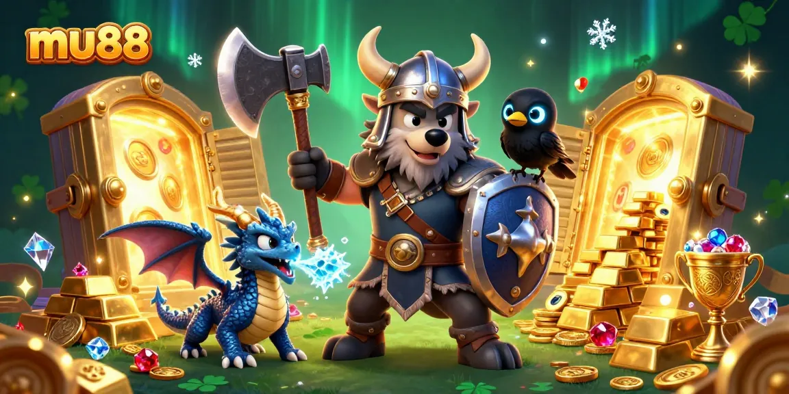 Engage with the vibrant mu88 online casino world, featuring a heroic Viking wolf warrior alongside treasures and exciting jackpot elements.