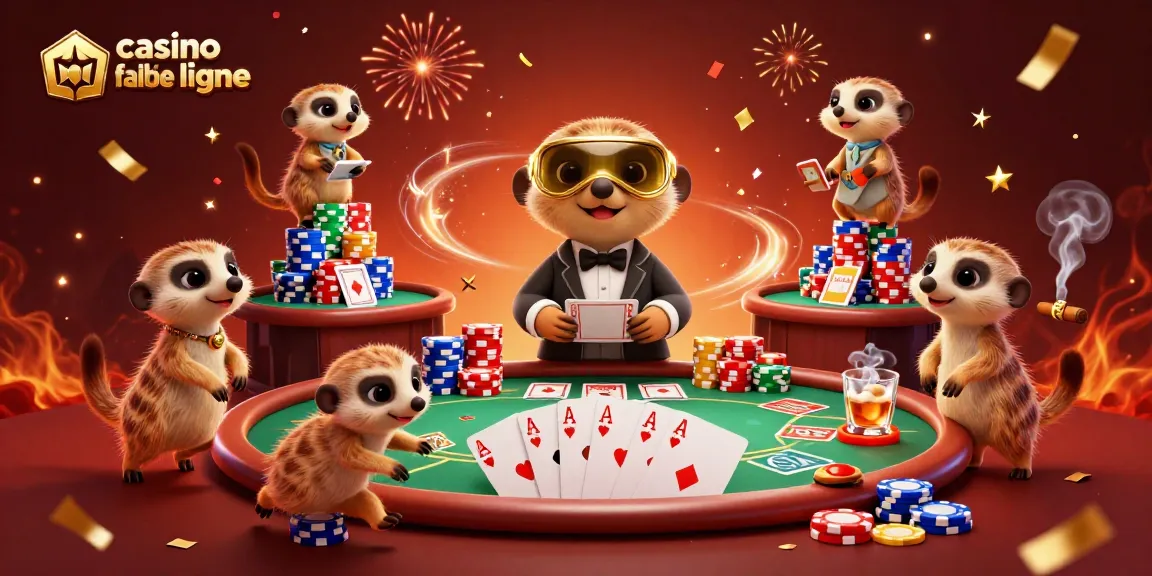Illustration mettant en scène un casino fiable en ligne avec des suricates travaillant ensemble dans une ambiance festive.