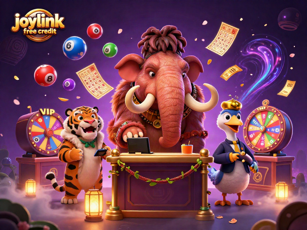 Engage with joylink free credit benefits featuring dynamic lottery scenes and vibrant characters.